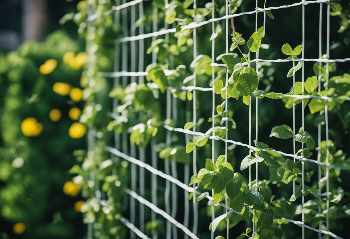 A garden with a vertical mesh trellis supporting climbing plants