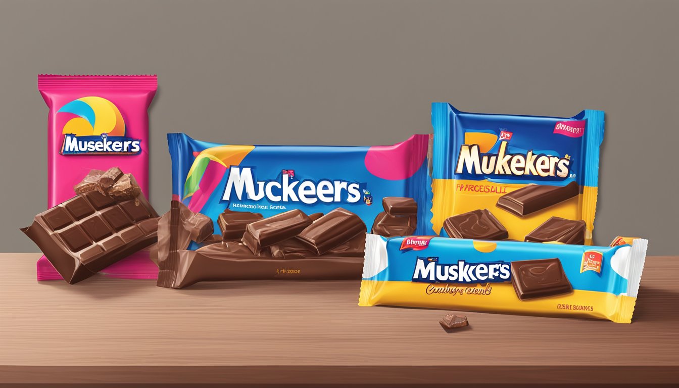 A 3 Musketeers bar sits on a shelf, untouched, surrounded by other candy bars. The packaging is intact, and the chocolate appears fresh