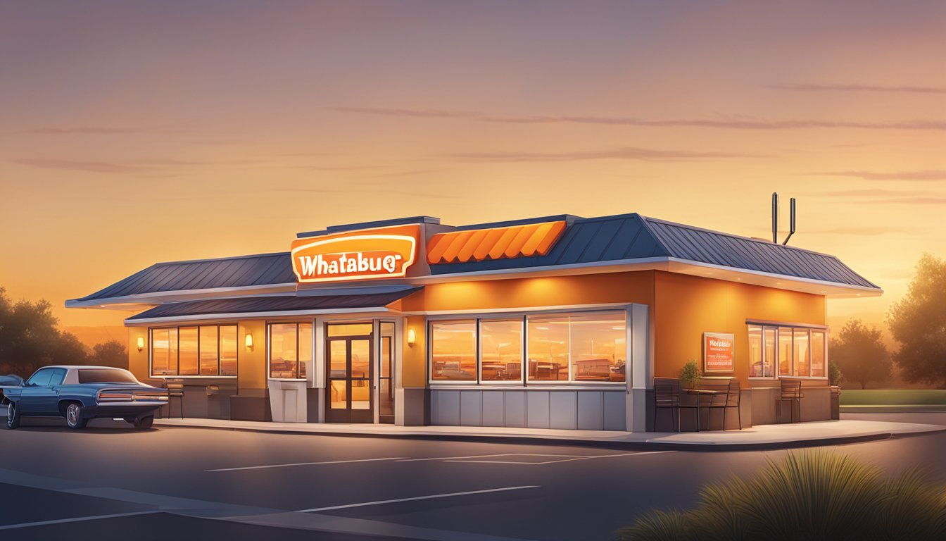 The sun rises over a Whataburger restaurant, with a warm glow illuminating the drive-thru and outdoor seating area