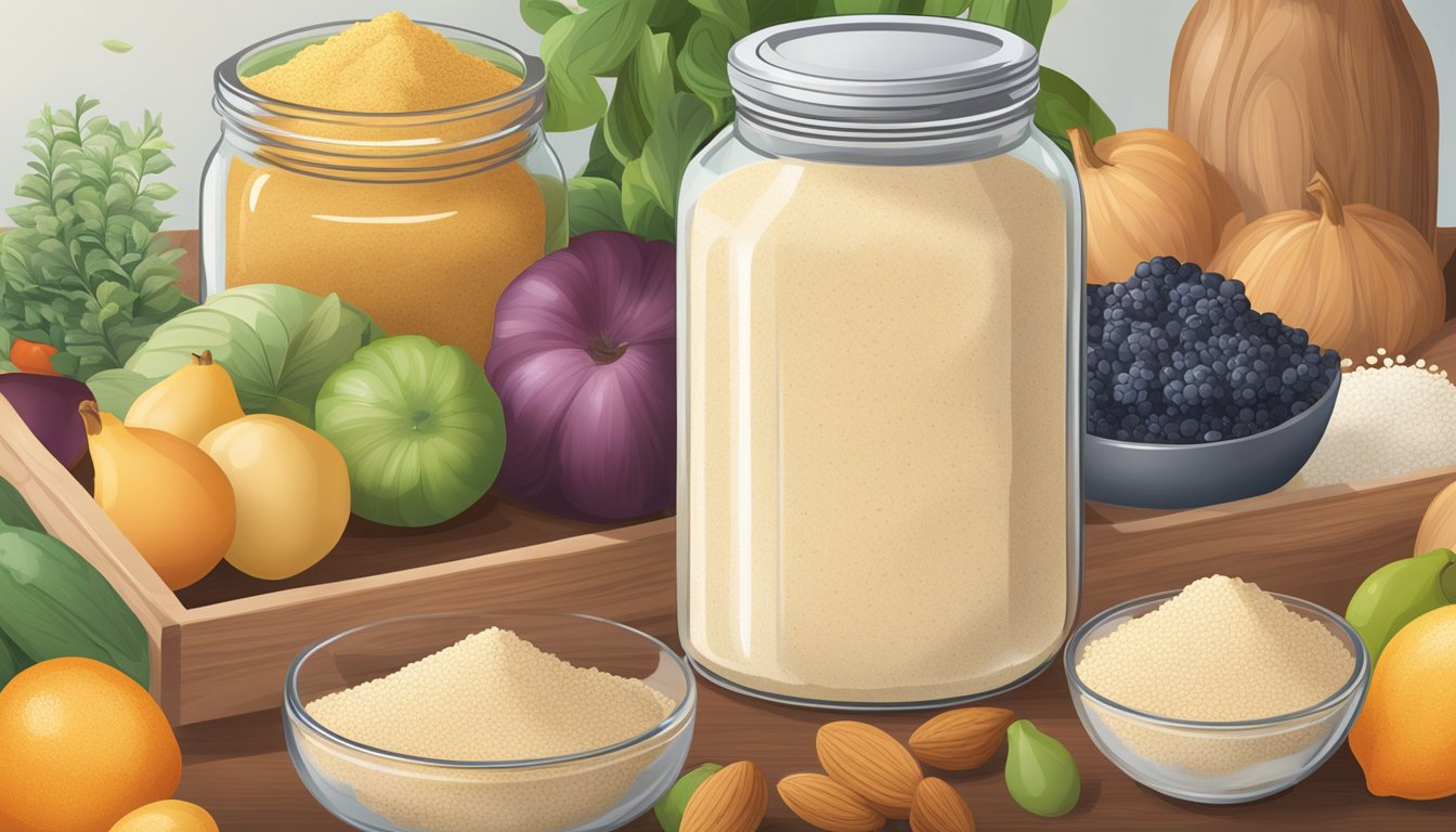 A jar of almond flour sits on a kitchen counter beside a variety of ingredients, including fruits, vegetables, and grains