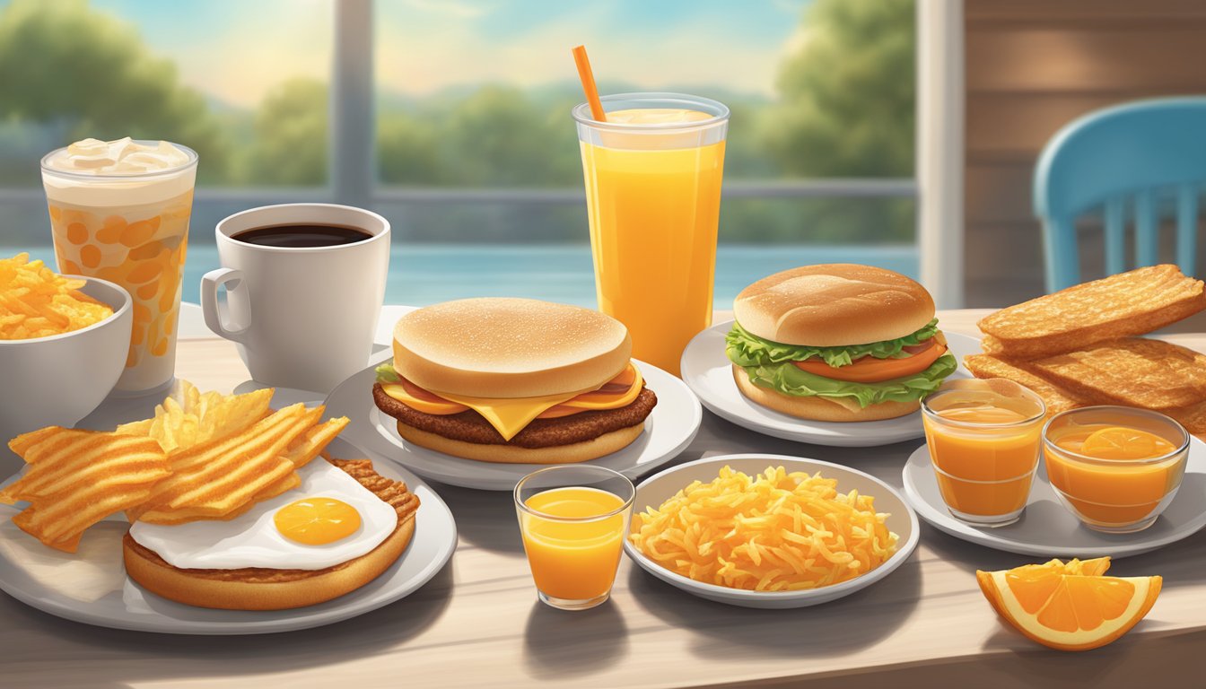 A sunny morning scene with a table set with a variety of breakfast items from Whataburger, including a breakfast sandwich, hash browns, coffee, and orange juice