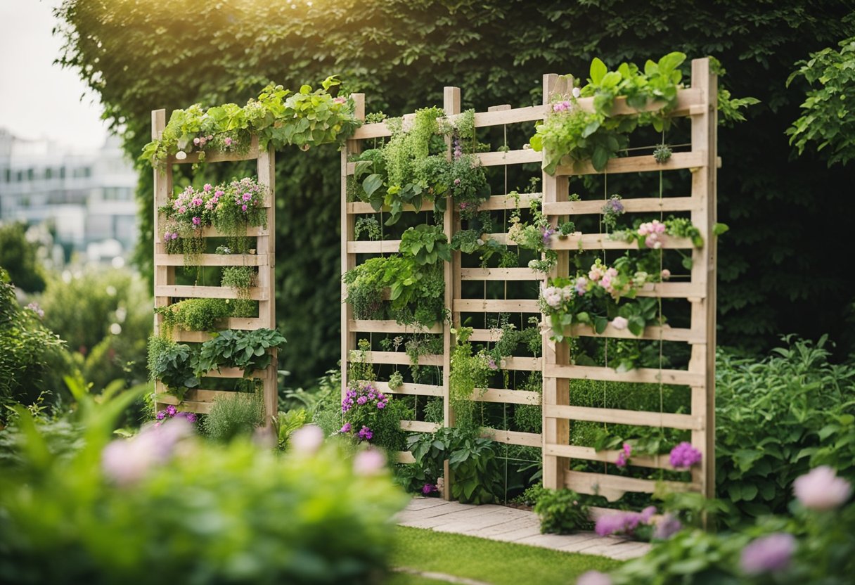 A freestanding pallet trellis stands in a garden, adorned with climbing plants and flowers, surrounded by lush greenery