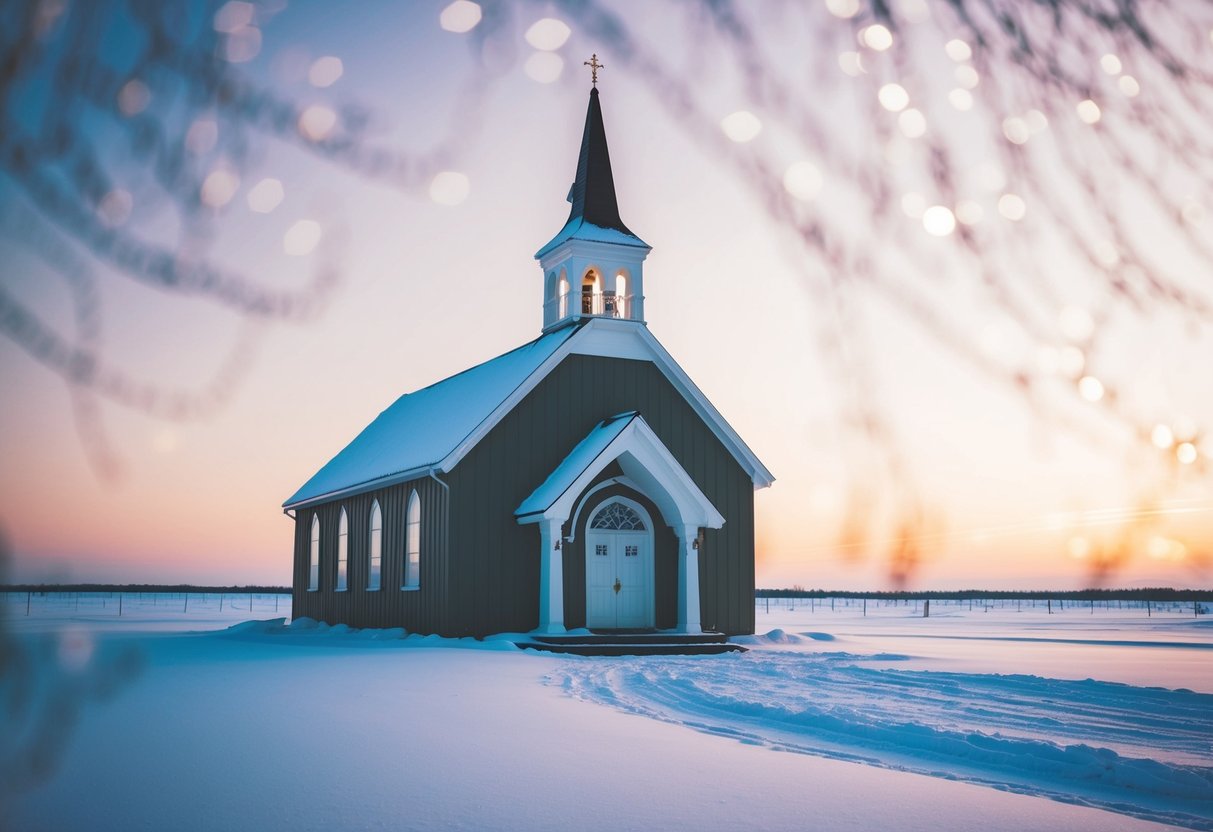 A deserted wedding chapel in a snowy, barren landscape
