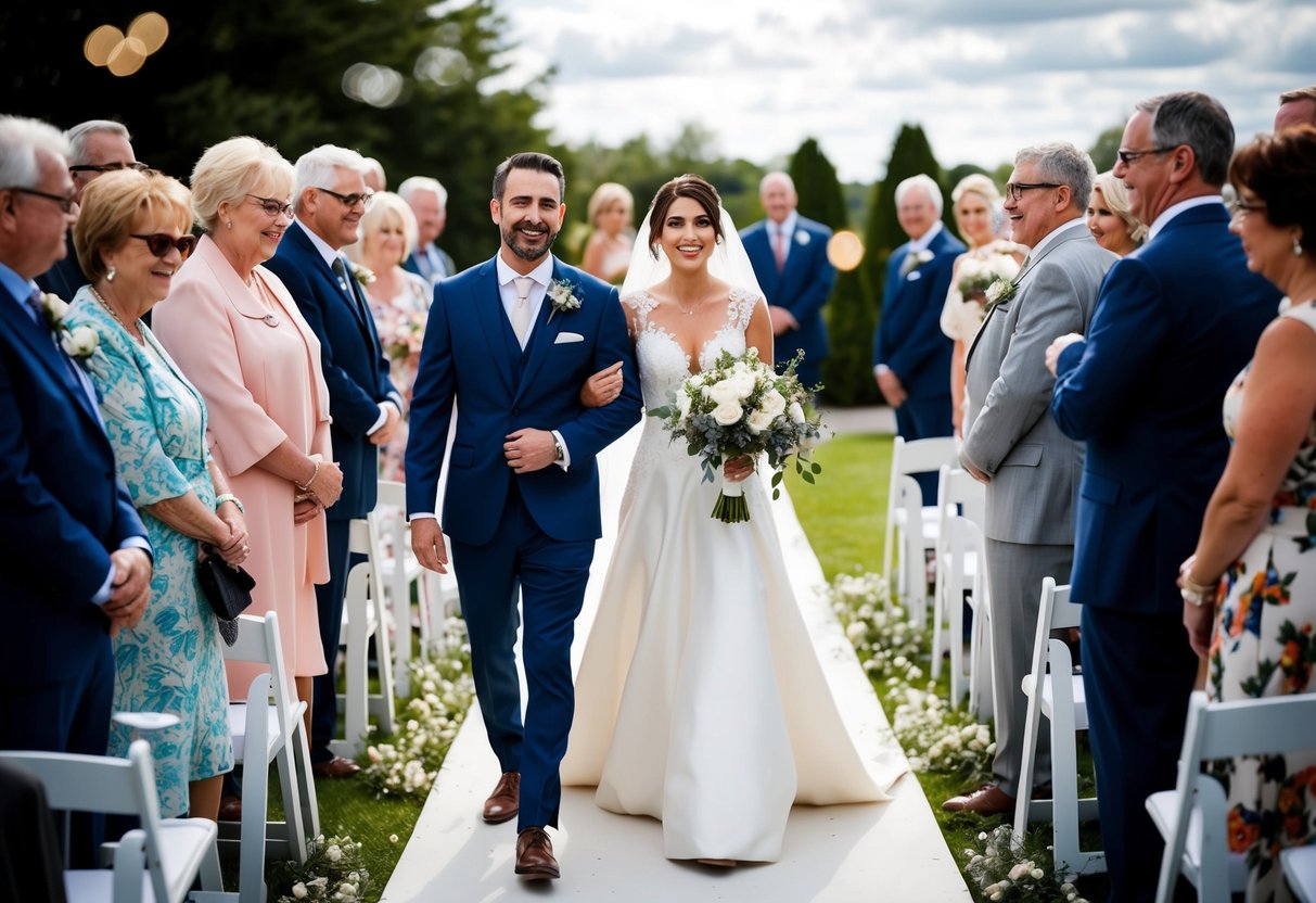 The groom leads a woman down the aisle, surrounded by special guests and family members