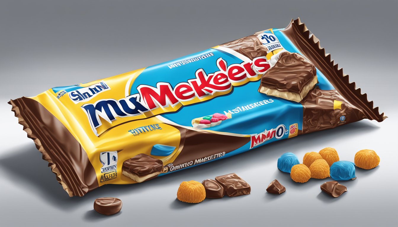 A 3 Musketeers candy bar sits on a shelf, surrounded by other snacks. Its wrapper is slightly crumpled, indicating it has been there for a while