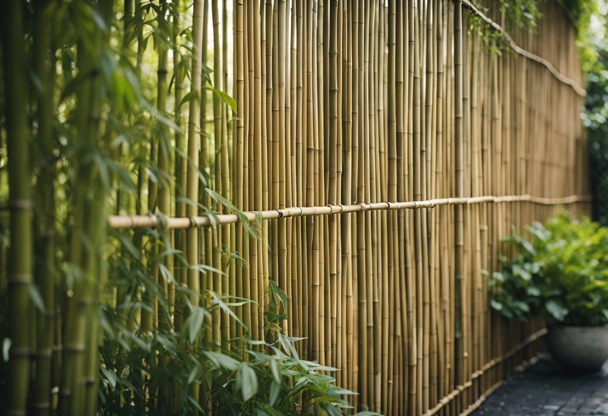 A bamboo screen trellis stands against a garden wall, supporting climbing vines and adding a natural touch to the outdoor space