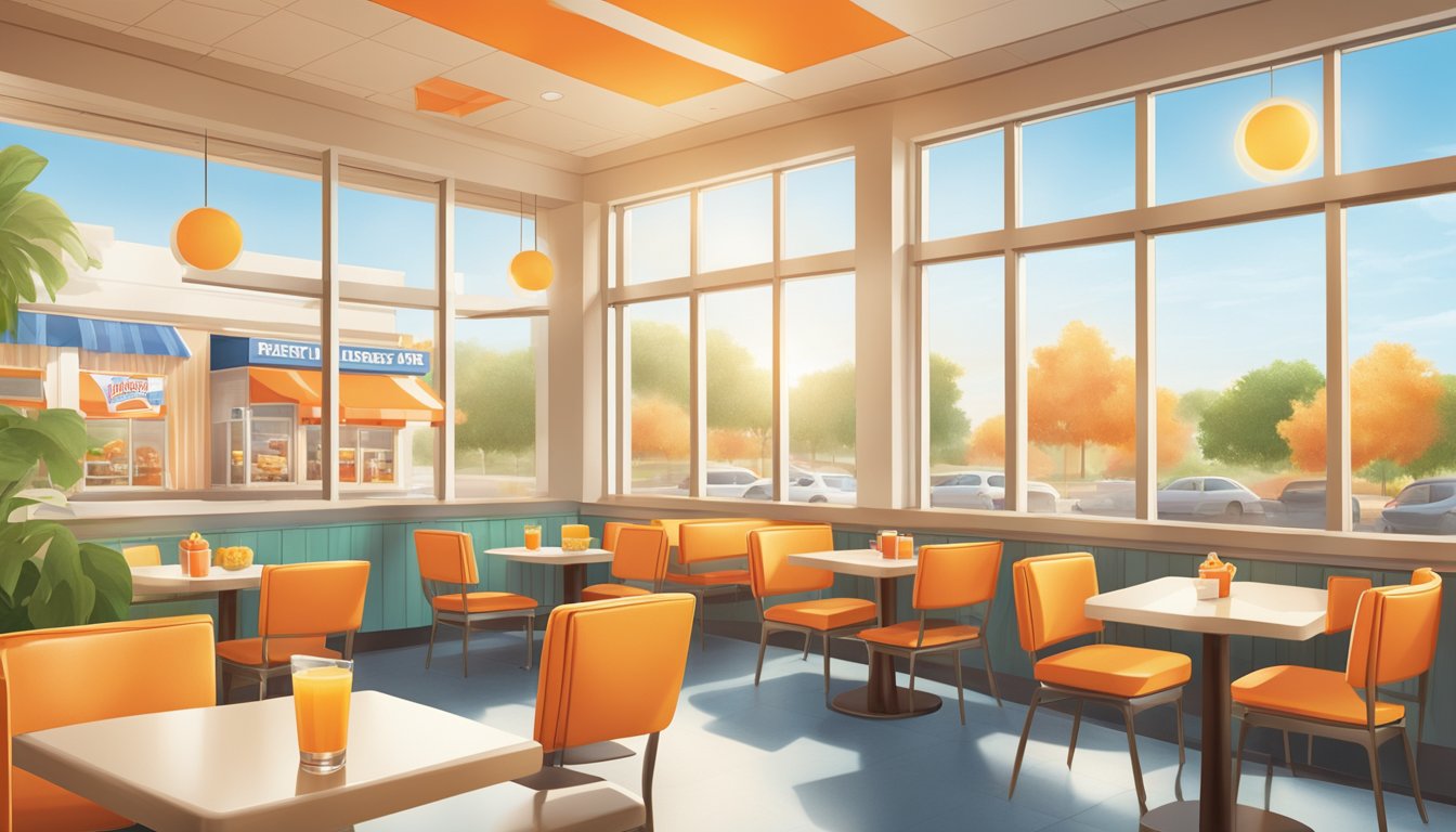 A colorful array of regional specialties and limited-time breakfast offers at Whataburger, with the morning sun shining through the restaurant windows