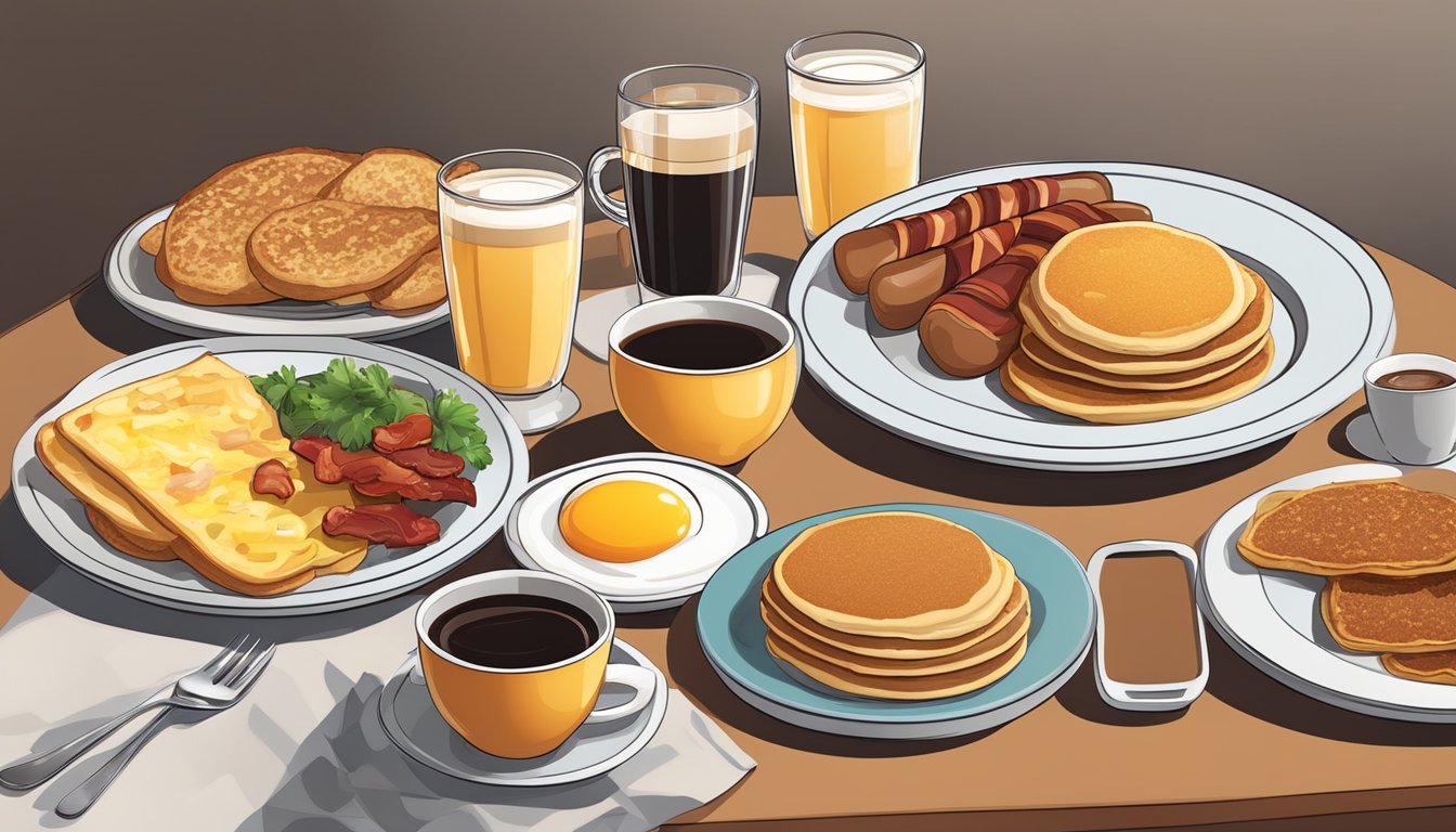 A table set with a variety of breakfast entrees, including pancakes, eggs, bacon, sausage, and hash browns, with a cup of coffee and a side of toast