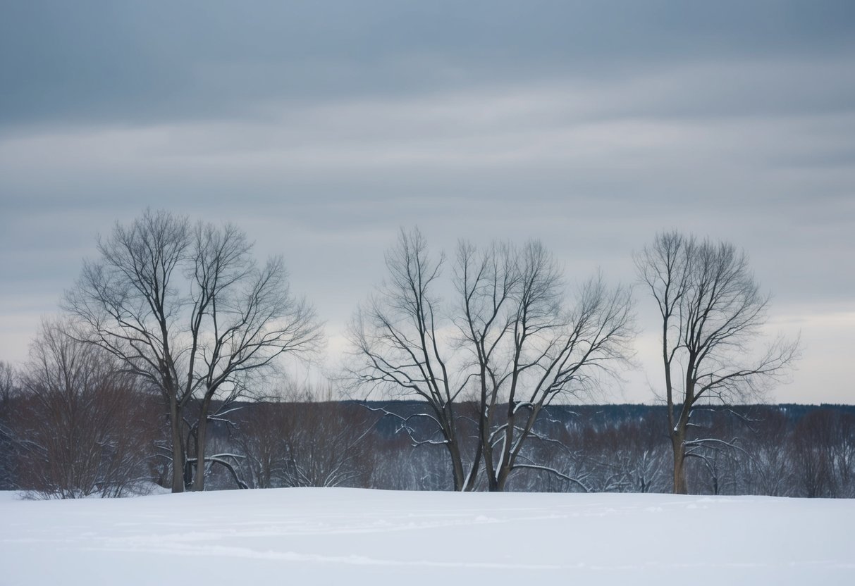 A barren, snow-covered landscape with leafless trees and a gray sky, depicting the least popular month for weddings