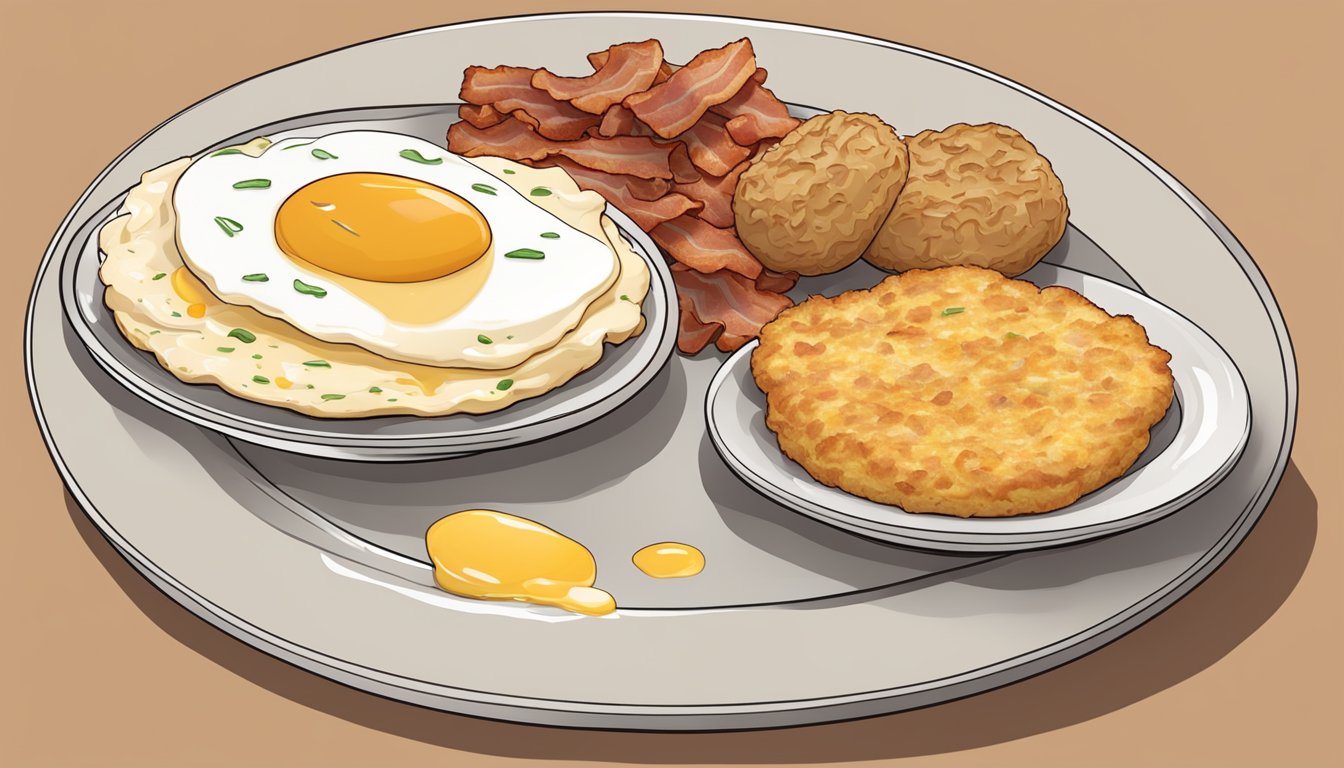 A breakfast plate with eggs, bacon, and hash browns alongside a biscuit and a side of creamy gravy