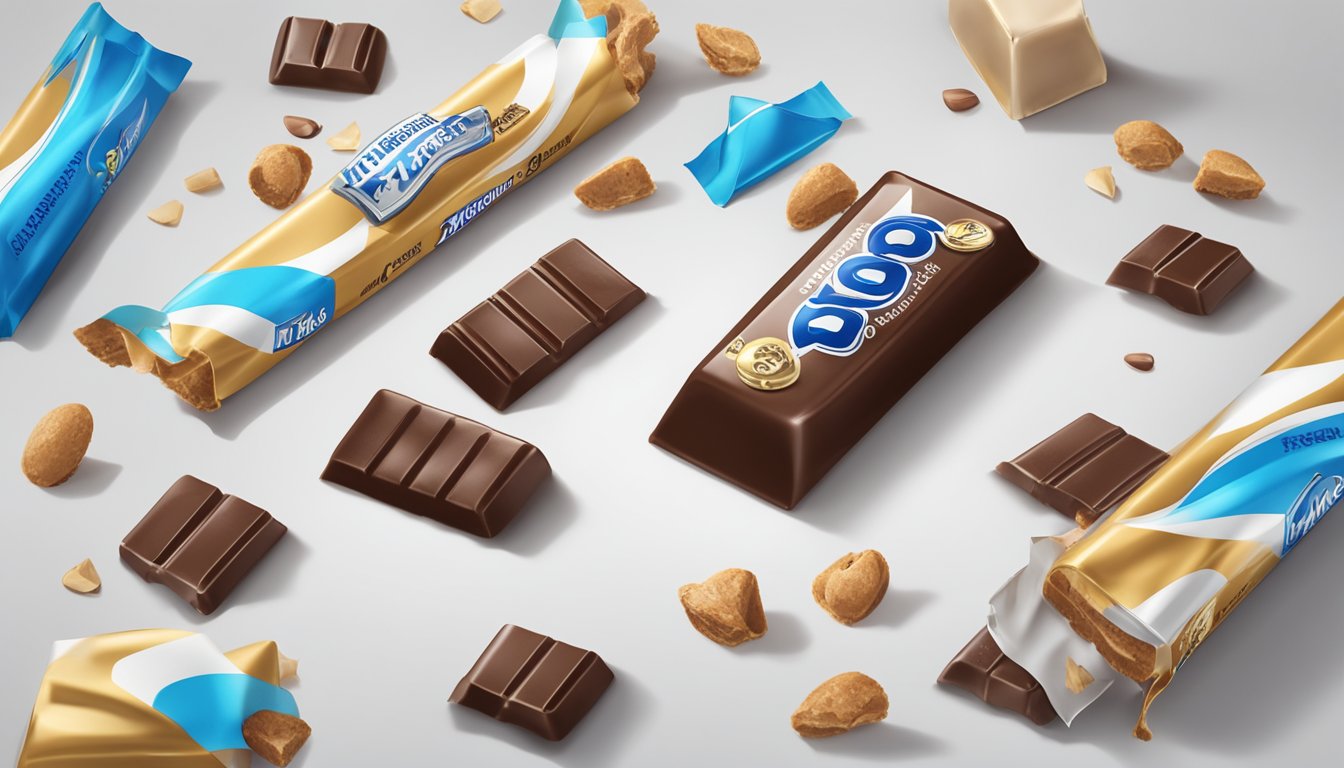 A 3 Musketeers bar sits on a clean, white surface, surrounded by unwrapped pieces of the chocolate nougat candy. A stopwatch ticks in the background