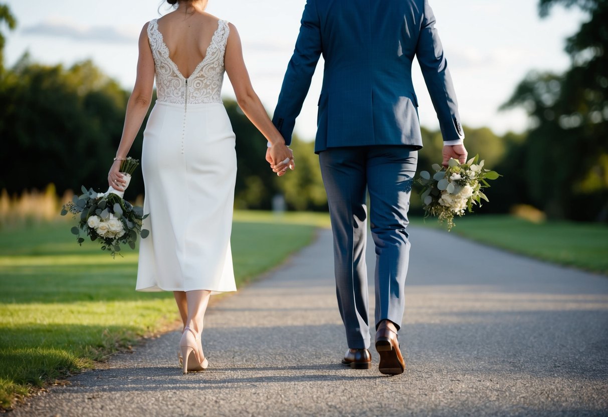 A groom walks alongside a woman, symbolizing the transition of care from mother to husband