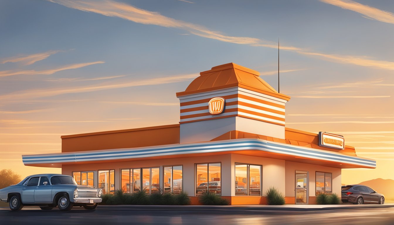 A Whataburger restaurant at sunrise, with the iconic orange and white striped building and drive-thru, as customers begin to arrive for breakfast