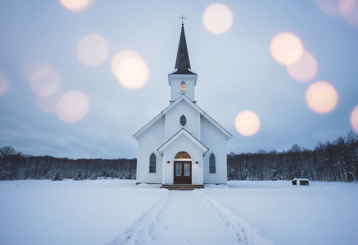 A deserted wedding chapel in a snowy, winter landscape