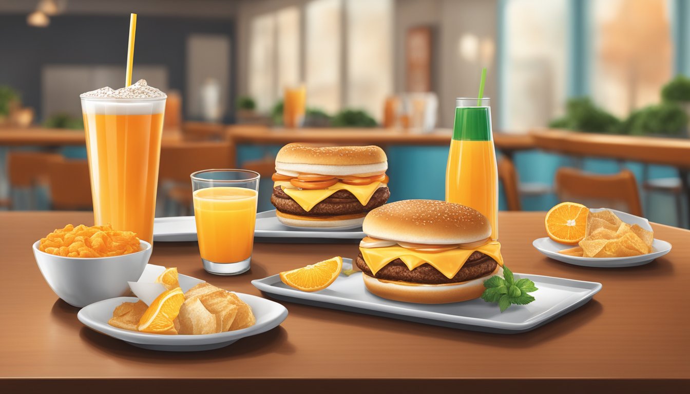 A table with a tray of Whataburger breakfast beverages, including coffee, orange juice, and soft drinks