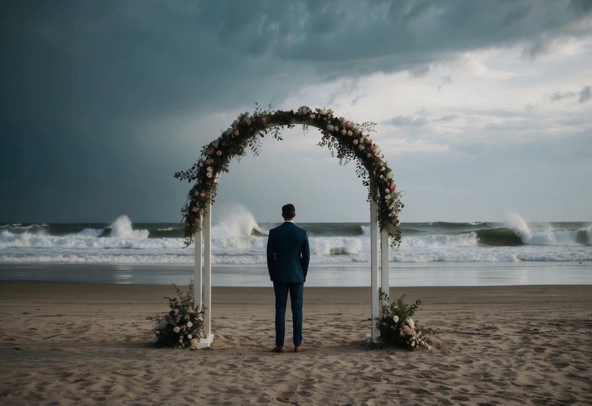 A deserted beach with stormy skies and crashing waves, a lone figure standing in front of an empty wedding arch adorned with wilting flowers