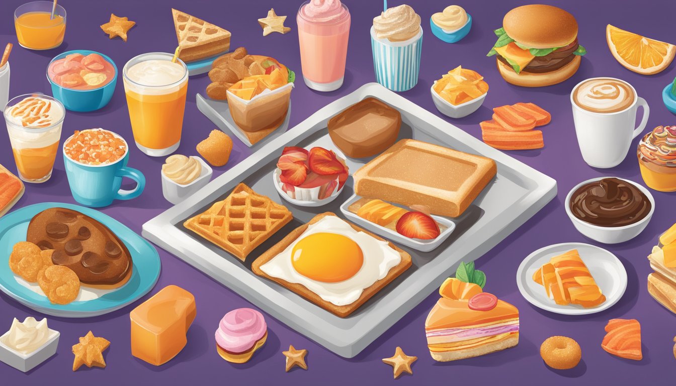 A colorful display of breakfast items on a menu board, surrounded by images of sweet treats and a Whataburger logo