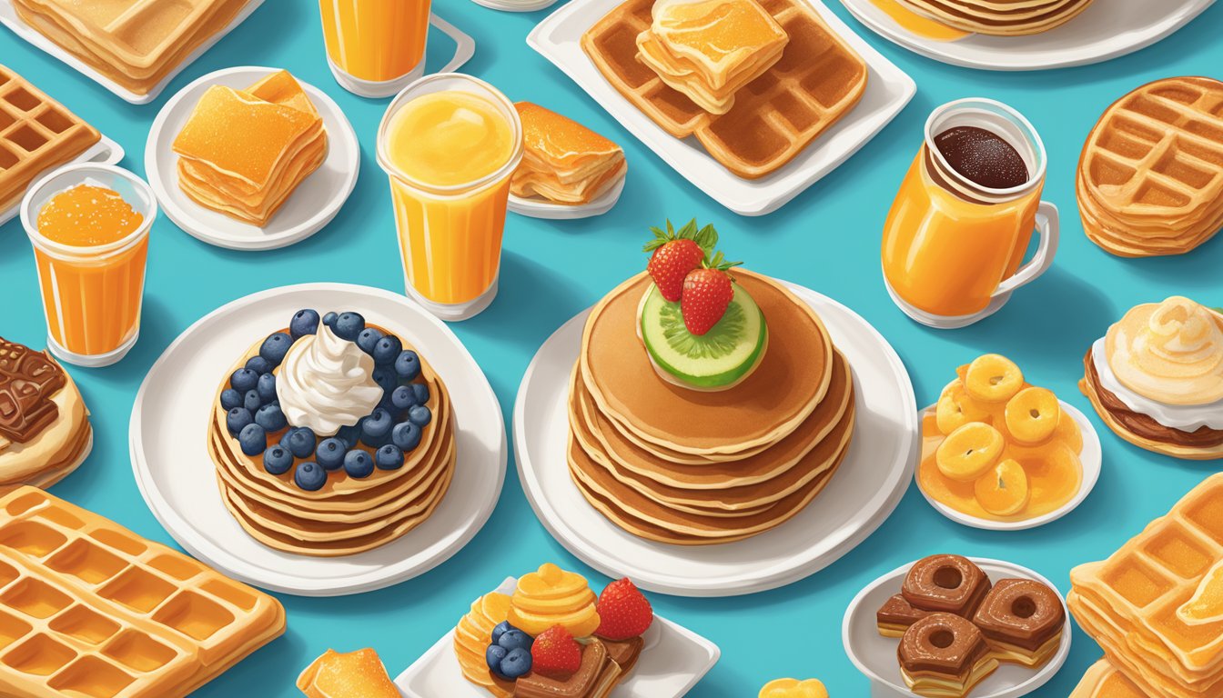 A colorful array of pancakes, waffles, and pastries displayed on a bright, inviting breakfast menu at Whataburger