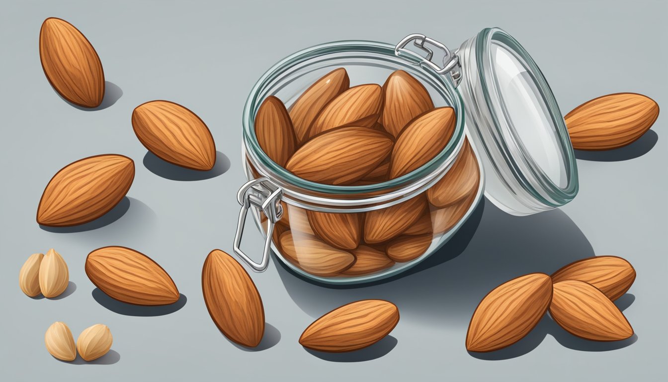 A clear glass jar filled with whole almonds, surrounded by a few scattered almond shells. The almonds have a fresh, plump appearance with no signs of discoloration or mold