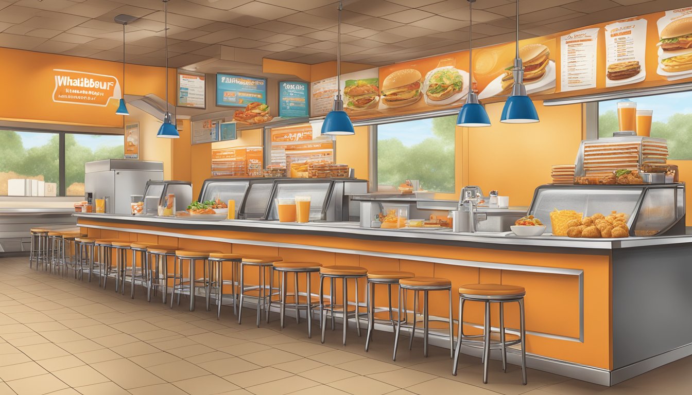 A table with a breakfast menu featuring specials and combo meals at Whataburger, with various food items and drink options displayed