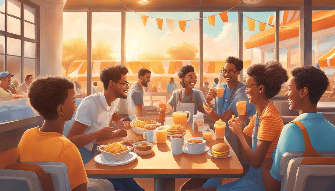 A sunny morning with a steaming breakfast spread on a Whataburger table, surrounded by cheerful customers