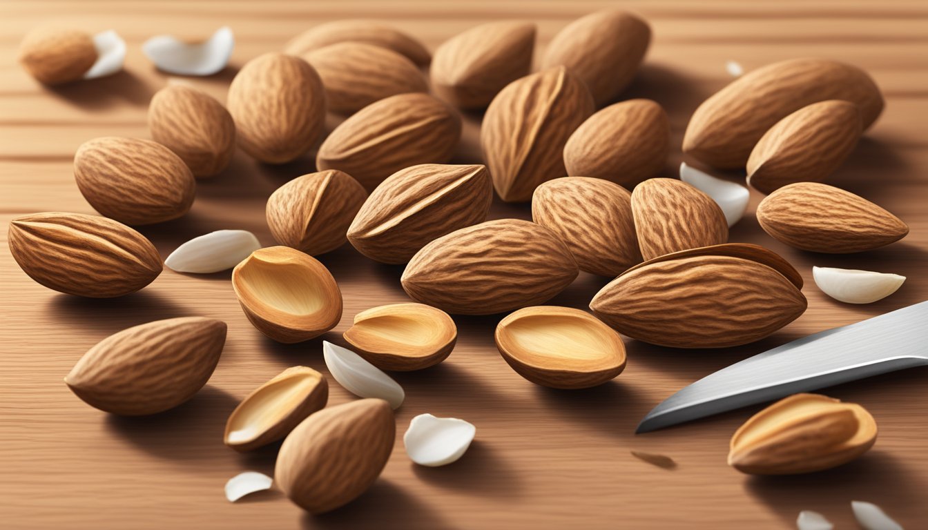 A variety of almonds arranged on a wooden cutting board, some whole and some cracked open, with a few scattered almond shells