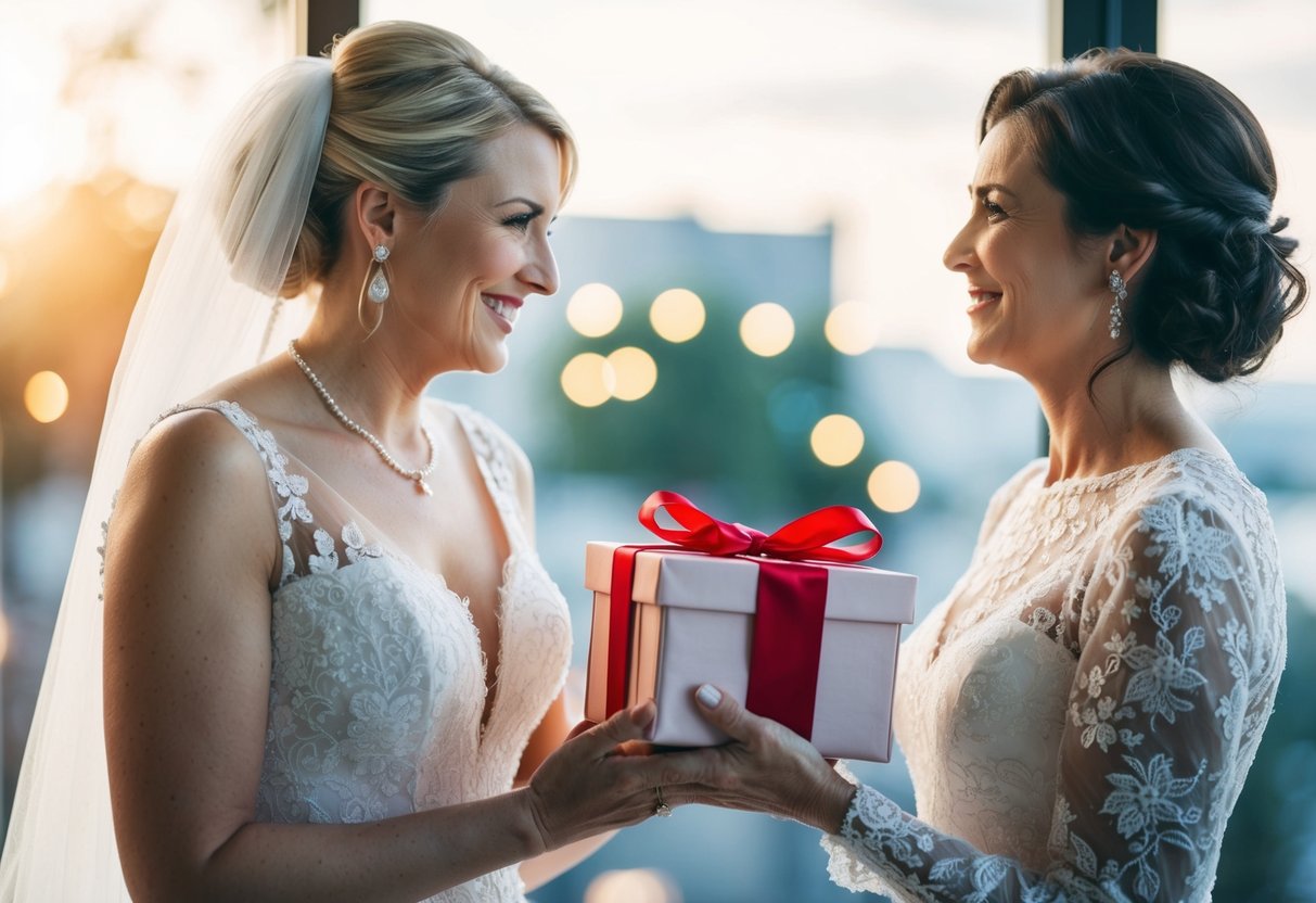 A bride presents a gift to her mother, symbolizing gratitude and love