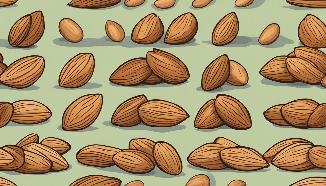 A pile of almonds in various stages of freshness, with some showing signs of spoilage, while others appear fresh and ready to eat