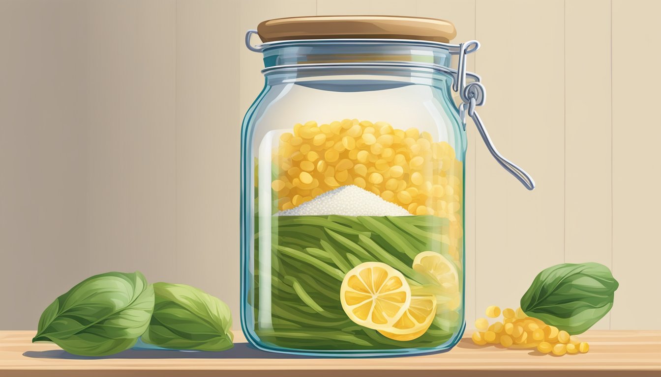 A glass jar filled with acini di pepe on a kitchen shelf