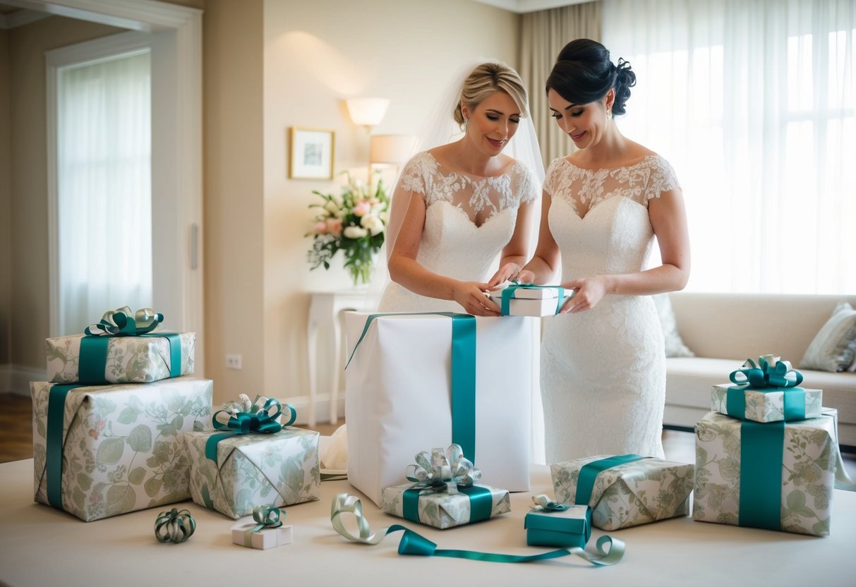 A bride carefully selects a gift for her mother, surrounded by elegant wrapping paper and decorative ribbons