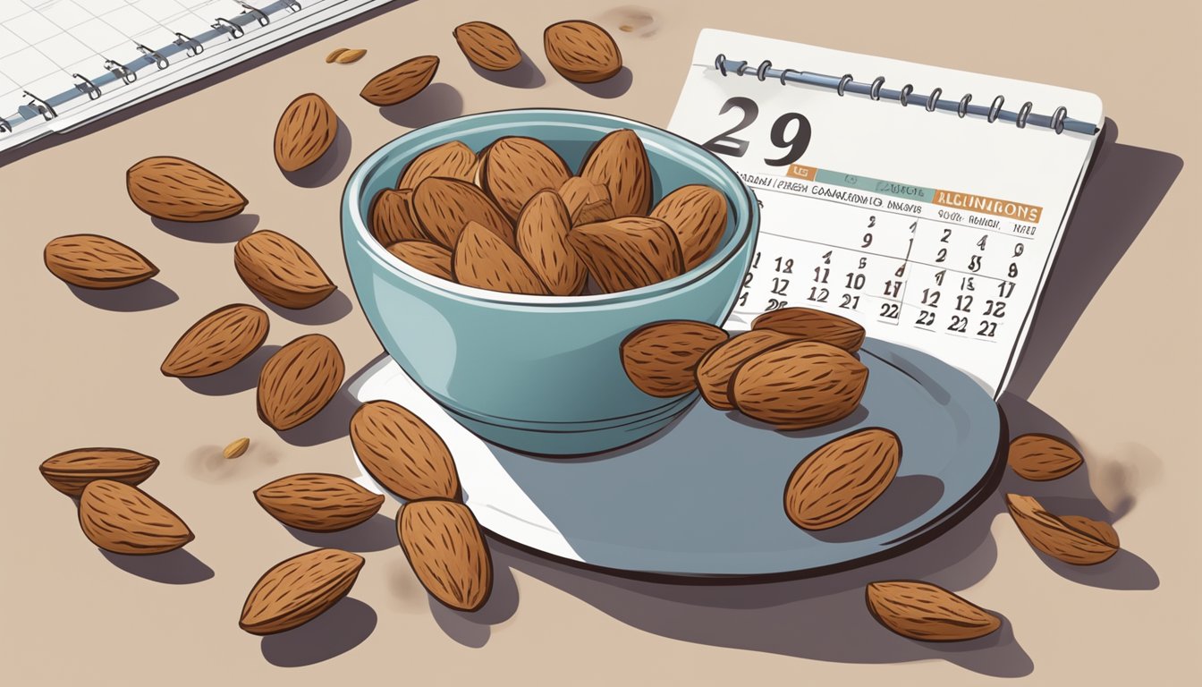 A bowl of fresh almonds sits next to a calendar marking the date of purchase. A separate bowl holds a few moldy almonds, illustrating the risk of consuming expired nuts