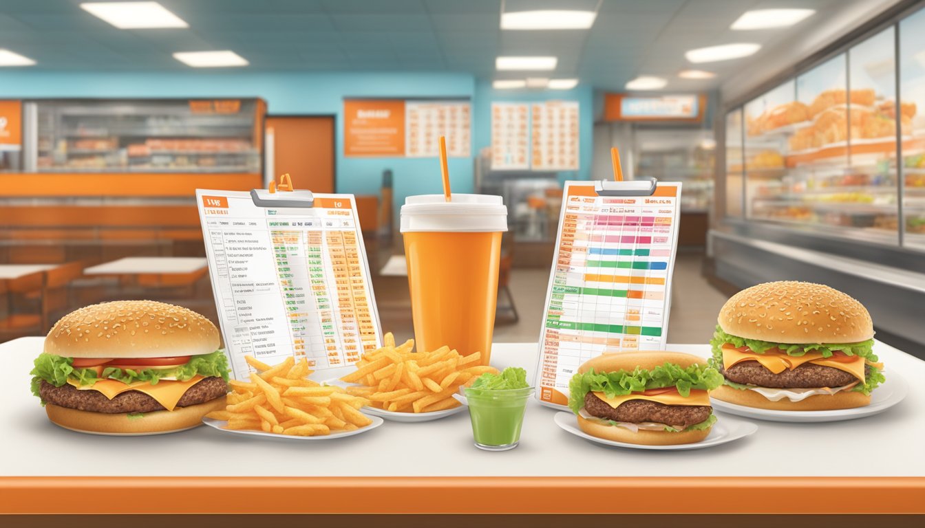 A table with nutritional charts and dietary symbols at a Whataburger store