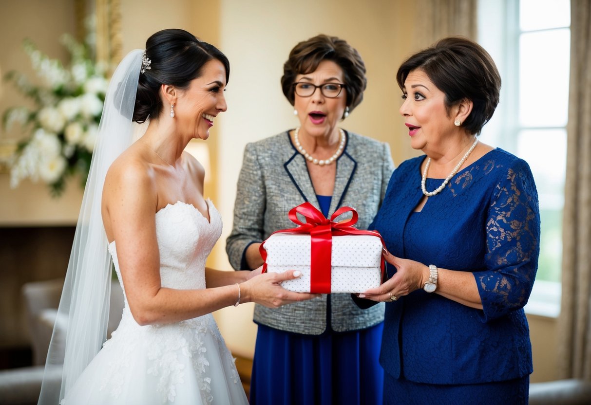 A bride presents a wrapped gift to the mother of the bride with a smile. The mother looks surprised and touched by the gesture