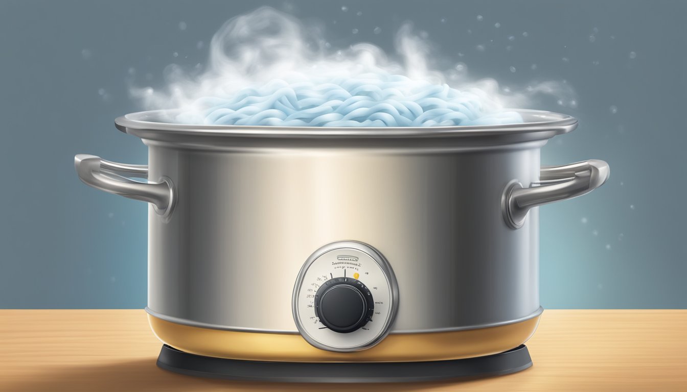 A pot of boiling water with acini di pepe pasta cooking inside, steam rising