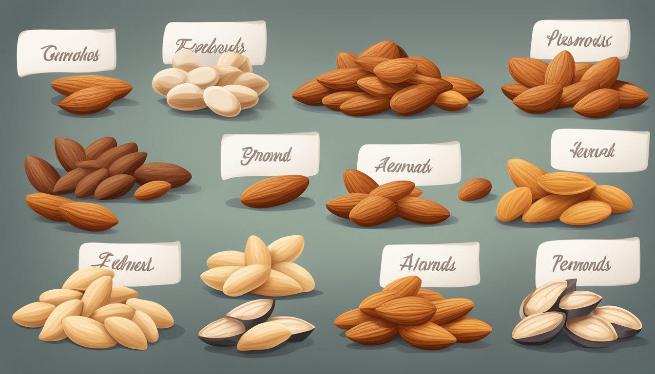 A pile of almonds with varying levels of freshness, from newly harvested to spoiled, arranged on a clean, labeled surface