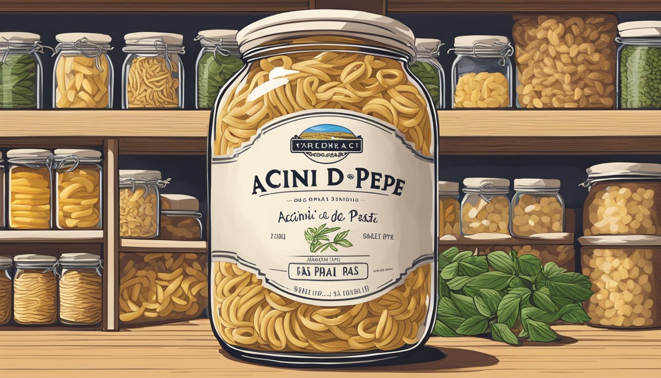 A jar of acini di pepe pasta sits on a shelf, surrounded by other dry goods. The expiration date is visible on the label