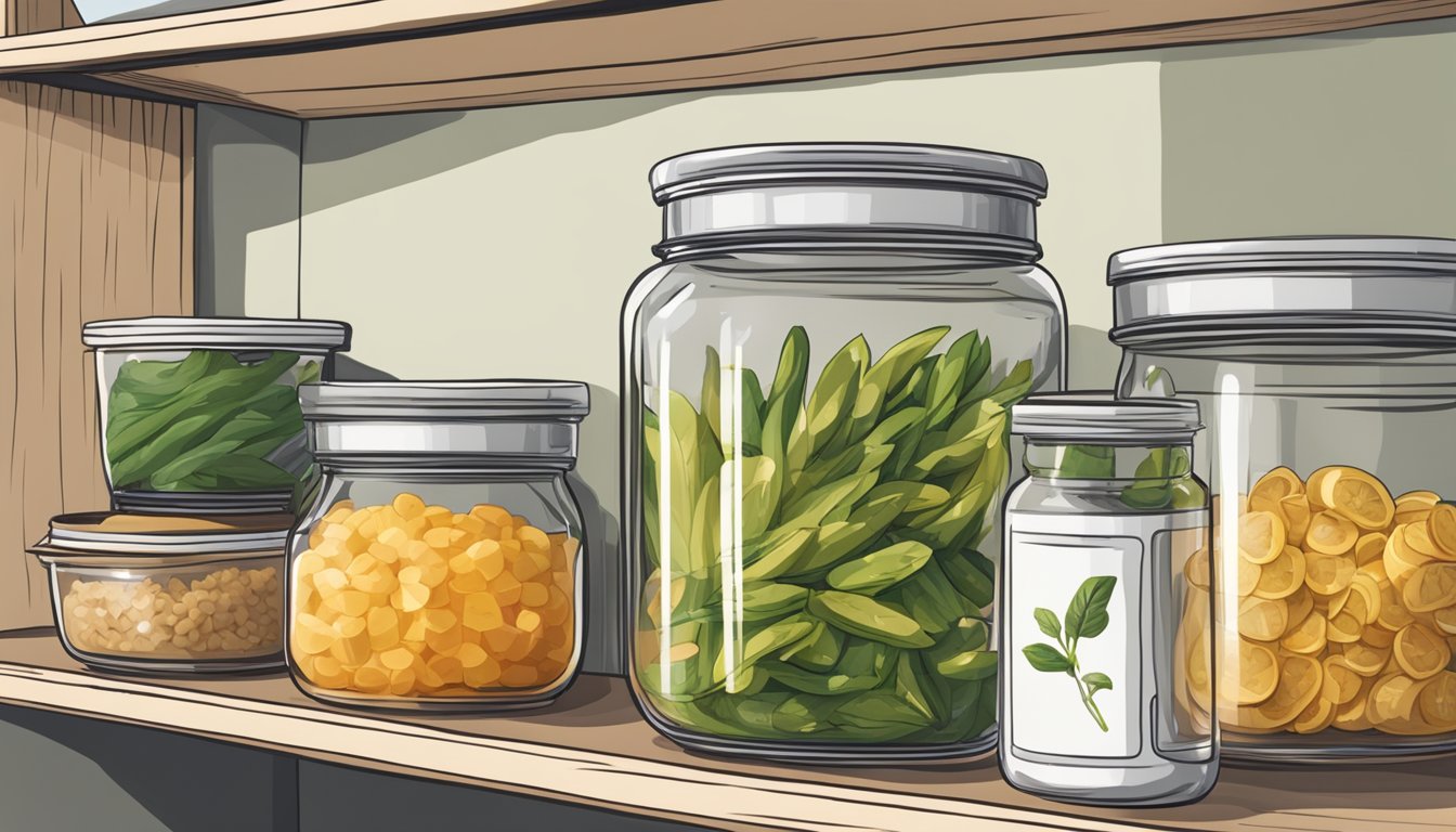 A pantry shelf with a jar of acini di pepe, a calendar, and a meal prep container with fresh ingredients