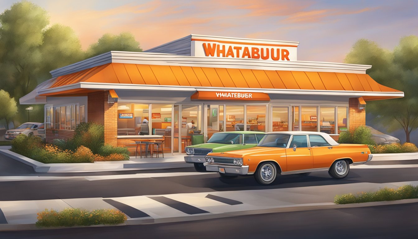 A bustling Whataburger restaurant with a welcoming exterior and a busy drive-thru, featuring a colorful and inviting atmosphere