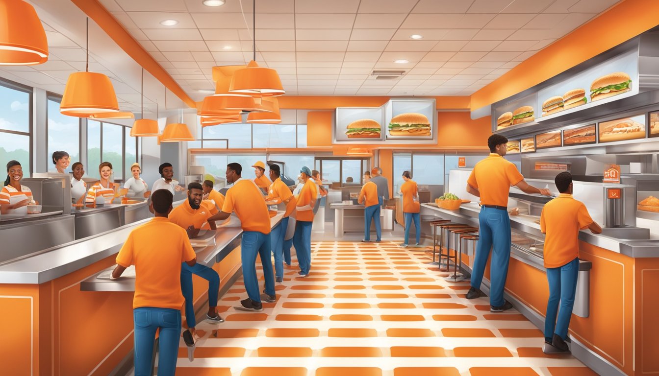 A bustling Whataburger restaurant with employees working together in a friendly and efficient manner, creating a welcoming and positive atmosphere