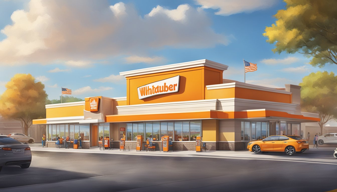 A bustling Whataburger store with a colorful exterior, drive-thru lane, and outdoor seating area, surrounded by busy streets and a mix of commercial and residential buildings