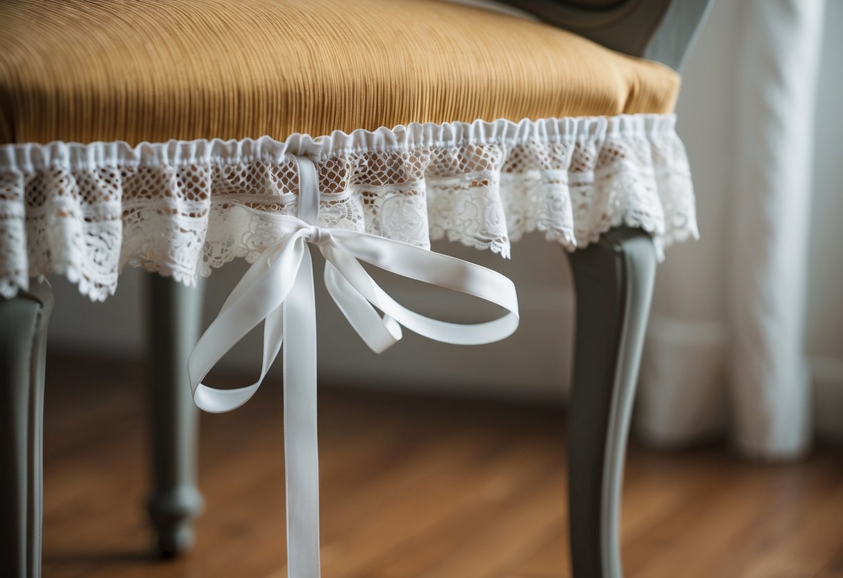 A garter on the left leg of a chair, with lace and ribbon, symbolizing femininity and sensuality