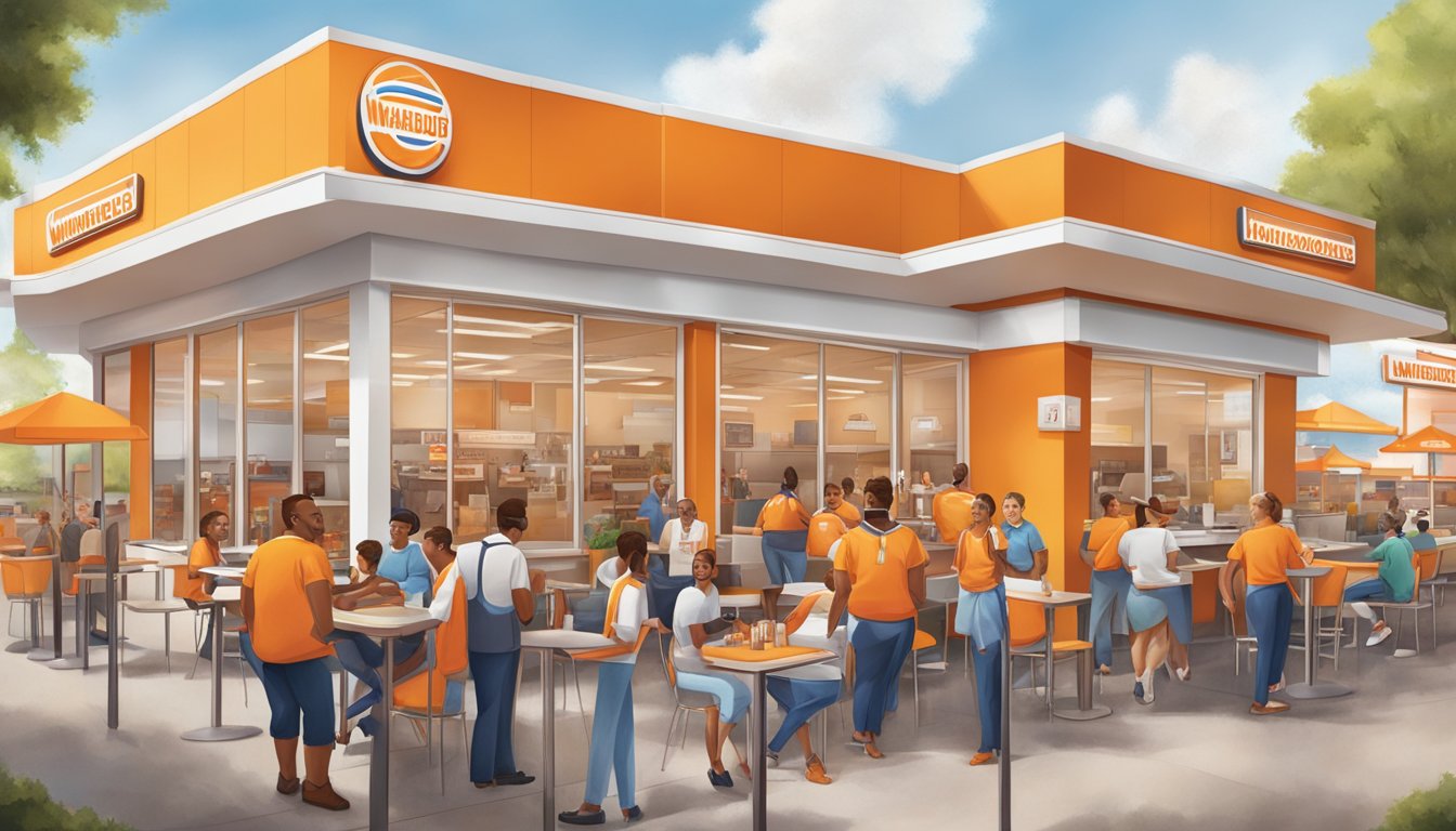 A bustling Whataburger store with a welcoming atmosphere and diverse employees enjoying their work