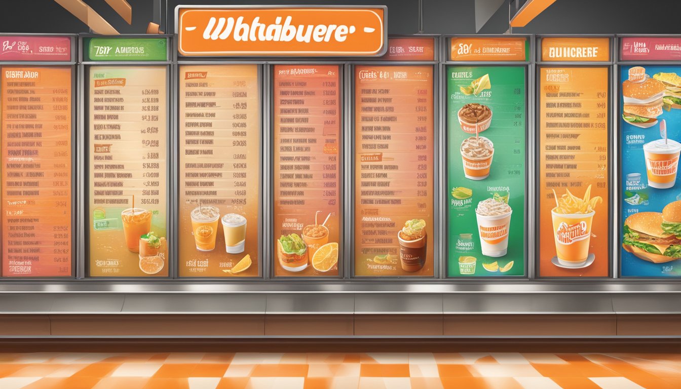 A colorful menu board displays various drinks and prices at Whataburger