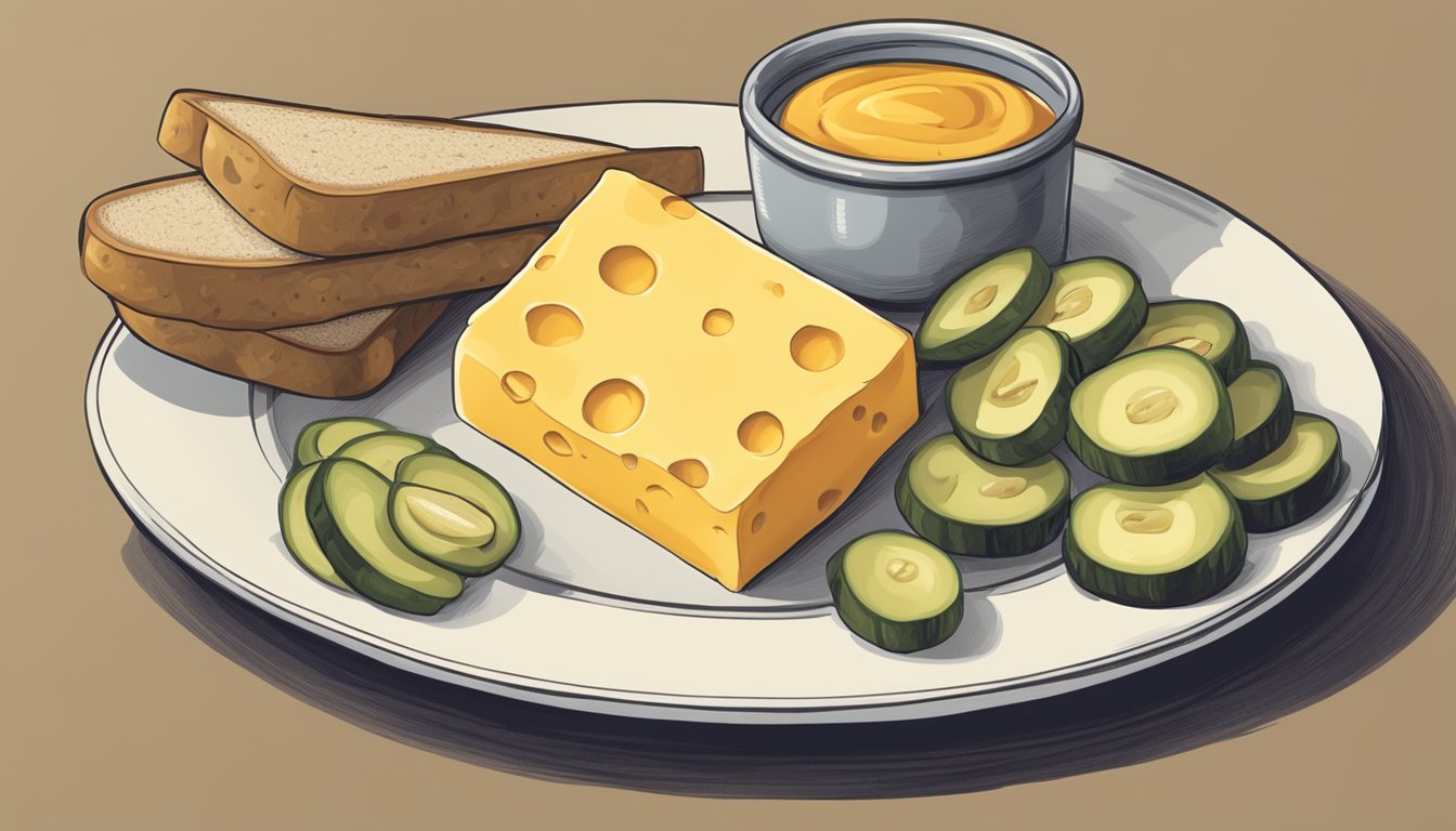 A block of American cheese sits on a clean, white plate, surrounded by a few slices of bread and a small dish of pickles