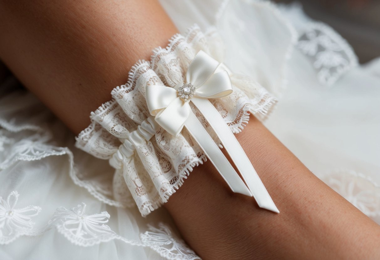 A wedding garter on the left leg, surrounded by delicate lace and adorned with a small bow