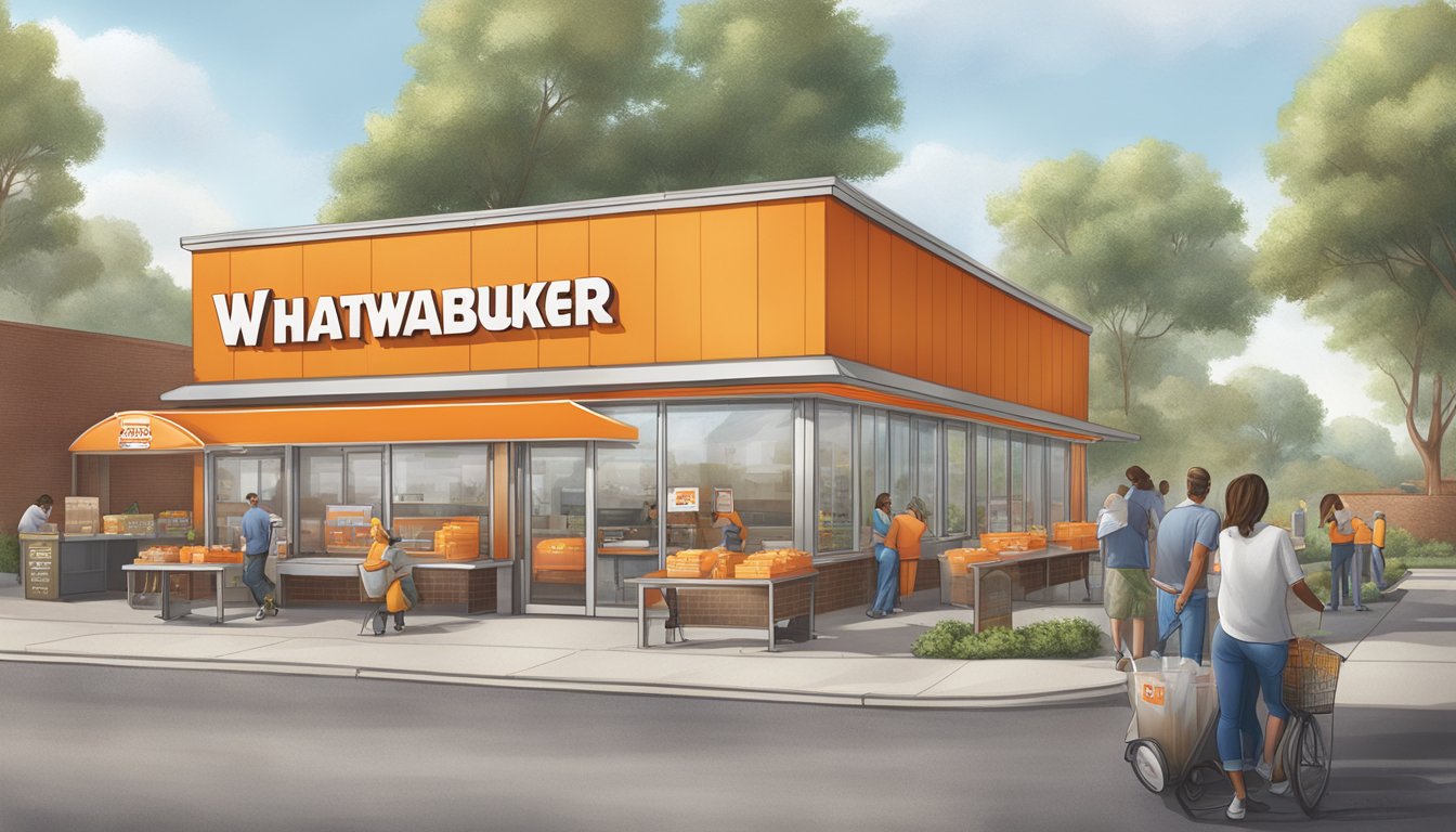 A WhatABurger store with a clean exterior, recycling bins, and a community notice board. Nearby, employees participate in a local volunteer event