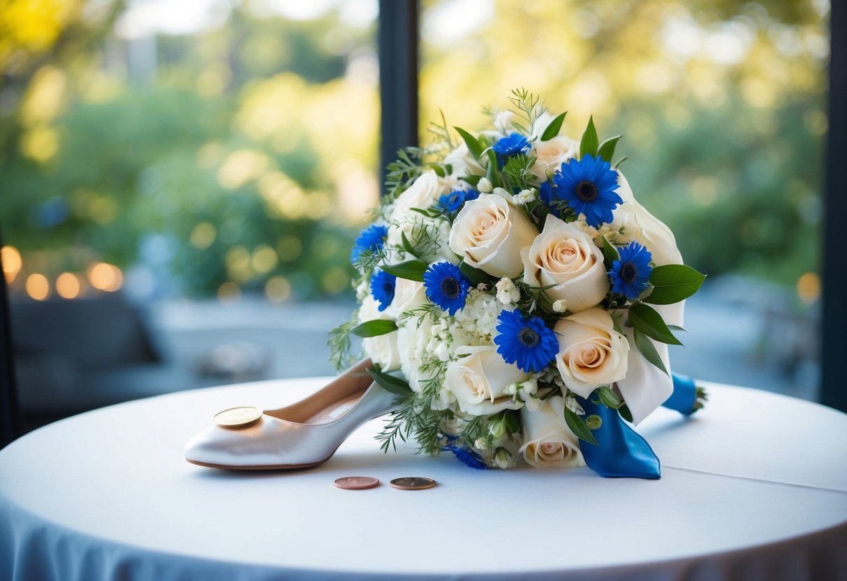 A bride's bouquet, a penny in her shoe, something old, and something blue for good luck