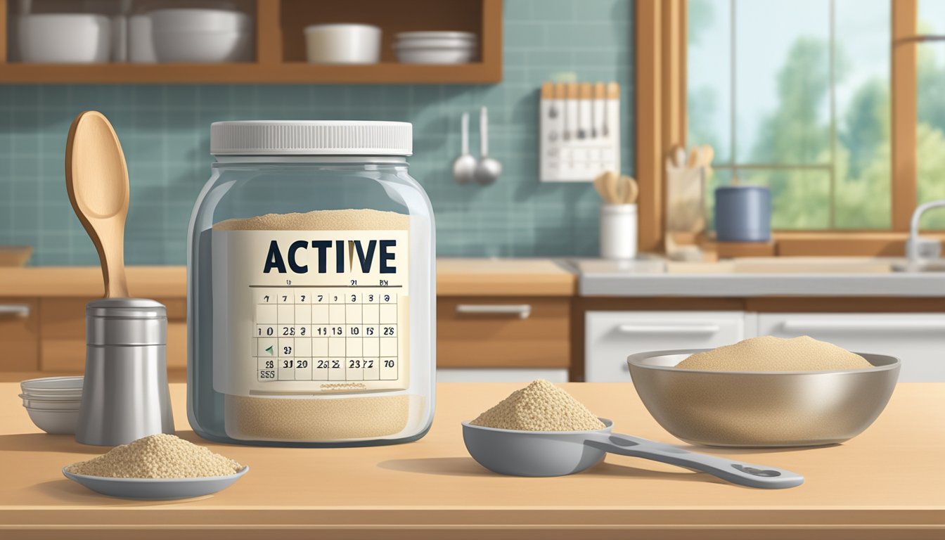 A jar of active dry yeast sits on a kitchen counter, surrounded by measuring spoons and a mixing bowl. A calendar on the wall shows the current date