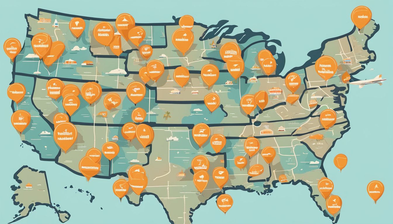 A map of the US with pins marking Whataburger store locations