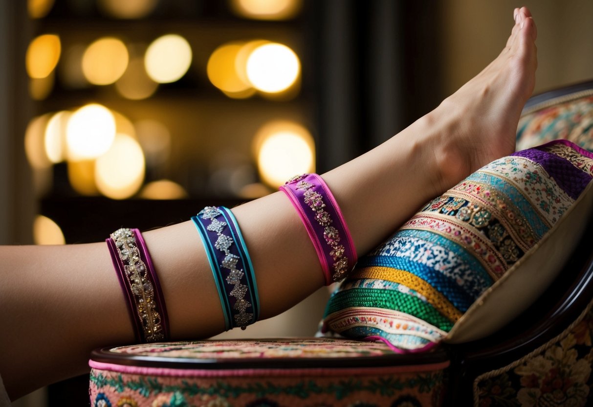 A garter on the left leg symbolizes cultural variations and personal preferences. The scene could show a variety of garters with different designs and colors, perhaps displayed on a decorative pillow or draped over a chair